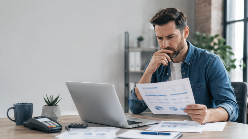 Business owner reviewing credit card processing fees on a merchant account statement.